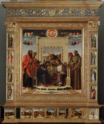 Retábulo de Bellini: parte central «Coroação da Virgem entre São Pedro e São Paulo (à esquerda) e São Jerónimo e São Francisco de Assis (à direita)». Pintura a óleo e têmpera de Giovanni Bellini (cerca de 1432-1516), conhecido como il Giambellino. Cerca