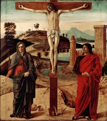 Calvário ou Crucificação. Pintura de Giovanni Bellini dit il Giambellino (1432-1516). Dim: 71x63cm. Florença, Coll. Contini Bonacossi