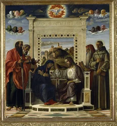 Coroação da Virgem com os santos Paulo, Pedro, Jerónimo e Francisco de Assis, com cenas das vidas dos santos no painel da predela, conhecida como o retábulo «Pala di Pesaro», c. 1474