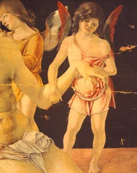 Pieta ou Cristo Morto Apoiado por Anjos, ca 1474, por Giovanni Bellini (1431-36 - 1516), tempera no painel, 91x131 cm. Detalhe.