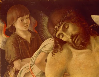 Pieta ou Cristo Morto Apoiado por Anjos, ca 1474, por Giovanni Bellini (1431-36 - 1516), tempera no painel, 91x131 cm. Detalhe.