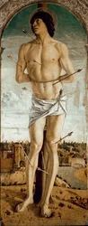 Políptico de São Vicente Ferrer: São Sebastião. Pintura de Giovanni Bellini, dito il Giambellino (c. 1432-1516), 1464-1468, dimensões 167 x 67 cm, Veneza, Chiesa dei Santi Giovanni e Paolo