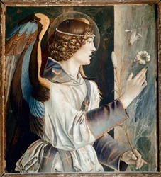 Políptico de St. Vincent Ferrier: Anjo da Anunciação (Políptico de São Vicente Ferrer: Anjo da Anunciação) Pintura de Giovanni Bellini dit il Giambellino (ca. 1432-1516) 1464-1468 Dim 72x67 cm Veneza Chiesa dei Santi Giovanni e Paolo