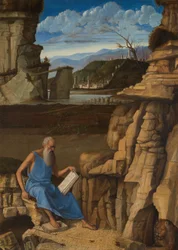 São Jerónimo lendo numa paisagem, c.1480-5 (óleo sobre madeira)