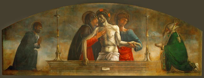 Cristo morto, amparado por Santa Maria, São João Apóstolo e Santos Marcos e Nicolau (pintura sobre tela)