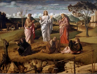 A transfiguração de Cristo. Os personagens do Antigo Testamento Moisés e Elias são representados ao redor de Jesus. A assinatura do artista é representada em um papel segurando o fechamento em primeiro plano. Pintura de Giovanni Bellini disse il Giambellin