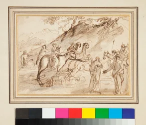 Um encontro entre dois homens, cavalos e camelos em segundo plano (caneta e tinta marrom e aguada cinza)