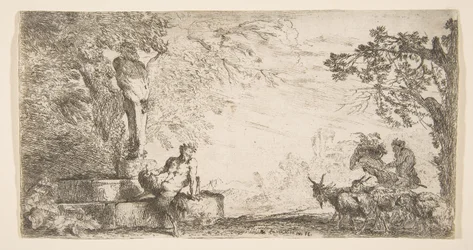Um sátiro reclinado ao pé de um staute de Priapus, cabras à direita, ca. 1645-48.
