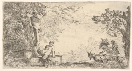 Um sátiro reclinado ao pé de um staute de Priapus, cabras à direita, ca. 1645-48.