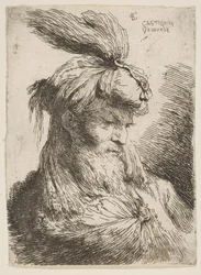 Cabeça de um homem barbudo com um turbante voltado para a direita, da série Small Heads ..., ca. 1645-1650.