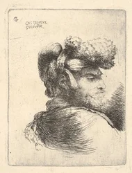 Homem de perfil virado para a direita, usando um chapéu de pele, da série Small Heads in Or ..., ca. 1645-1650.