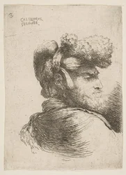 Homem de perfil virado para a direita, usando um chapéu de pele, da série Small Heads in Or ..., ca. 1645-1650.