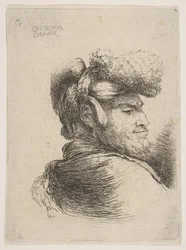 Homem de perfil virado para a direita, usando um chapéu de pele, da série Small Heads in Orie ..., ca. 1645-50.