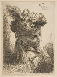 Jovem de frente três quartos à direita usando um cocar de pele com pluma, joia e..., ca. 1645-50.