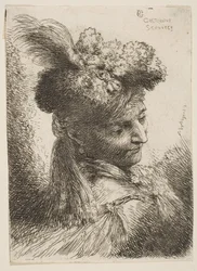 Jovem de frente para três quartos usando um toucado de peles com uma pluma, joia ..., ca. 1645-1650.