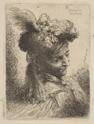 Jovem de frente para três quartos usando uma touca de pele com uma pluma, joia e ..., ca. 1645-50.