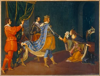 Isabela de Aragão, em representação de seu pai, Afonso, rei de Nápoles, e de seu marido, Giovanni Galeazzo Sforza, duque de Milão, junto de Carlos VIII ...