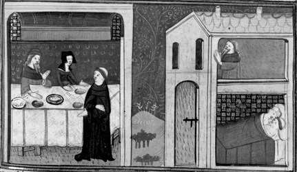 Decameron, Don Felice é convidado para a mesa de Frei Puccio; Don Felice está na cama com a mulher de Puccio. Terceiro dia, conto 4