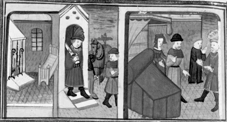 Decameron, O cavaleiro Lambertuccio foge do quarto de Isabella; o marido da mulher encontra o amante no quarto . Sétimo dia, conto 6