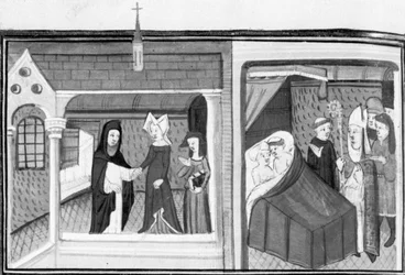 Decameron, Madame Piccarda visita o pároco de Fiesole; o pároco é surpreendido pelo bispo na cama com a criada. Oitavo dia, conto 4