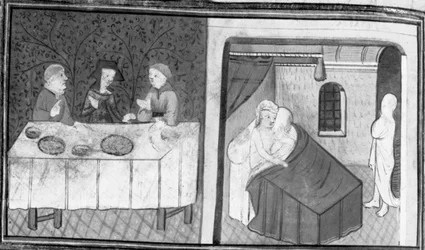 Decameron, Tingoccio e Meuccio sentam-se à mesa com Madame Mita; após a sua morte, Tingoccio visita Meuccio para lhe contar as suas impressões sobre a vida após a morte. Dia 7, conto 10