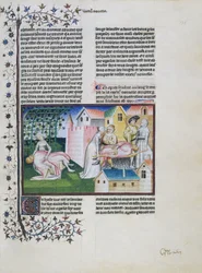 Gabriotto morre nos braços de Andreuola, Andreuola traz o seu corpo para casa e é preso, Andreuola é proclamado inocente e torna-se freira, miniatura de O Decameron, quarto dia, sexto conto, de Giovanni Boccaccio (1313-1375)