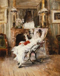 Uma senhora elegante, segurando um leque, 1874