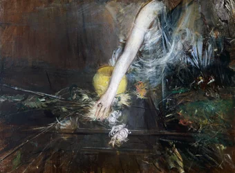 Braço com vaso de flores, ca. 1910, de Giovanni Boldini (1842-1931), óleo sobre tela. Itália, século XX.