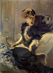 Belle Époque: «A visita» Elegante jovem mulher em vestido de noite.