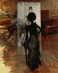 Lady in studio of painter facing White Pastel de Giovanni Boldini (1842-1931)