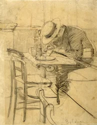 O pintor Helleu sentado numa esplanada de café