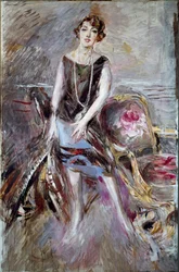 Retrato de Madame Corbitt Ela é uma margarida na moda dos anos loucos. Pintura de Giovanni Boldini (1842-1931) 1925 Sol. 185x122 cm Coleção Pistoia Boldini