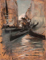 Vista de um canal em Veneza com gôndolas (Canal veneziano e gôndolas) Pintura de Giovanni Boldini (1842-1931) 1910-1914 Coleção particular