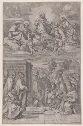 Eclesiásticos em uma paisagem escrevendo, outros no reino celestial acima, c1650.