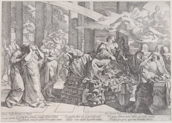 O suicídio de Dido, reclinada numa pira ao centro, rodeada de muitas figuras, 1650-55.