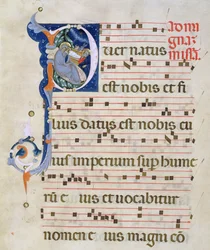 Ms 561 Page com historiated inicial &39;P&39; representando a Natividade, de um gradual do Mosteiro de San Jacopo di Ripoli, início do século XIV (para detalhes ver 78849)