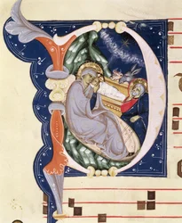 Ms 561 f.31v Historiated inicial &39;D&39; representando a Natividade, de um gradual do Mosteiro de San Jacopo di Ripoli, início do século XIV