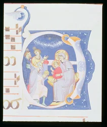 Ms 561 f.37r Historiated inicial &39;O&39; representando a Adoração dos Magos, a partir de um gradual do Mosteiro de San Jacopo di Ripoli, início do século 14