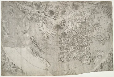 Mapa do mundo, Mundu [sic] spericum...você conhecerá a diligência de John Matthew Contareni.., por Contarini, Giovanni e Francesco Rosselli