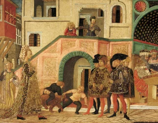 Histórias de Susanne, cerca de 1450, painel frontal do peito pintado, de Giovanni di Ser Giovanni, conhecido como Lo Scheggia (1406-1486), tempera sobre madeira, Detalhe