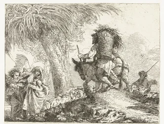 Maria com o Menino apoiada por um anjo e José conduz um jumento por um pastor com ovelhas Voo para o Egito (título da série) Idea pitoresca sopra la fugga em Egitto (título da série)
