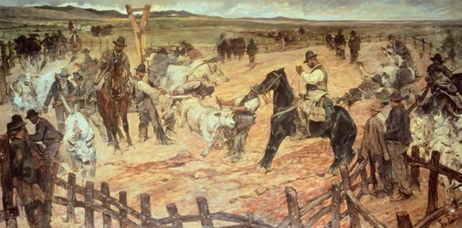 Marcação de touros jovens na Maremma por Giovanni Fattori (1825-1908), óleo sobre tela, 885 cm x175