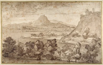 Paisagem com uma cidade montanhosa e uma montanha mais distante (caneta e tinta marrom com lavagem marrom em papel branco)