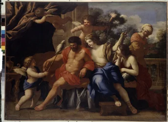 Hércules e Omphale (Hércules e Omphale). Pintura de Giovanni Francesco Romanelli (1610-1662), óleo sobre tela, ca. 1650. Arte italiana