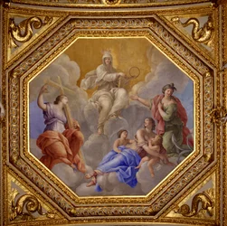Religião e virtudes teologais (Fé, Caridade, Esperança). Pintura de Giovanni Romanelli (1601-1662) decorando o teto do salão Antonine, quarto dos apartamentos de verão da Rainha Ana da Áustria (1601-1666). Por volta de 1655-1658. Paris, Louvre Mus