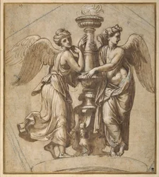 Vitórias abraçando um candelabro (caneta e tinta marrom com giz preto sobre papel)