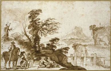 Paisagem com um cavaleiro e uma ponte (caneta e lavar em tinta marrom com giz preto sobre papel branco)