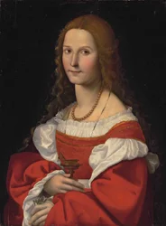 Retrato de uma senhora como Maria Madalena, a meio comprimento, com um vestido vermelho e um colar de pérolas
