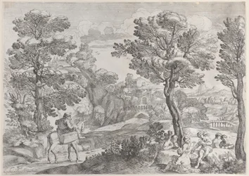 Um grupo de pessoas jogando cartas à direita e um homem a cavalo à esquerda, 1626-80.
