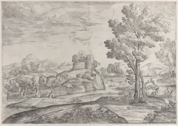 Uma casa em cima de uma pedra redonda no centro, pessoas no rio e em canoas, 1626-80.